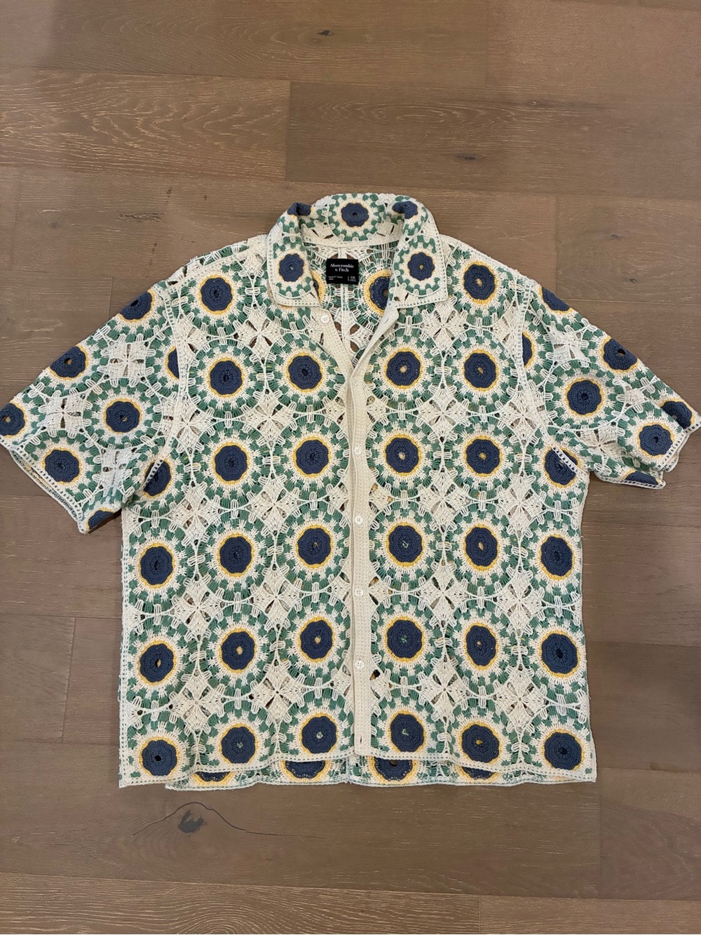 Abercrombie & Fitch Crochet Button-Up Top in Cream, Green & Blue